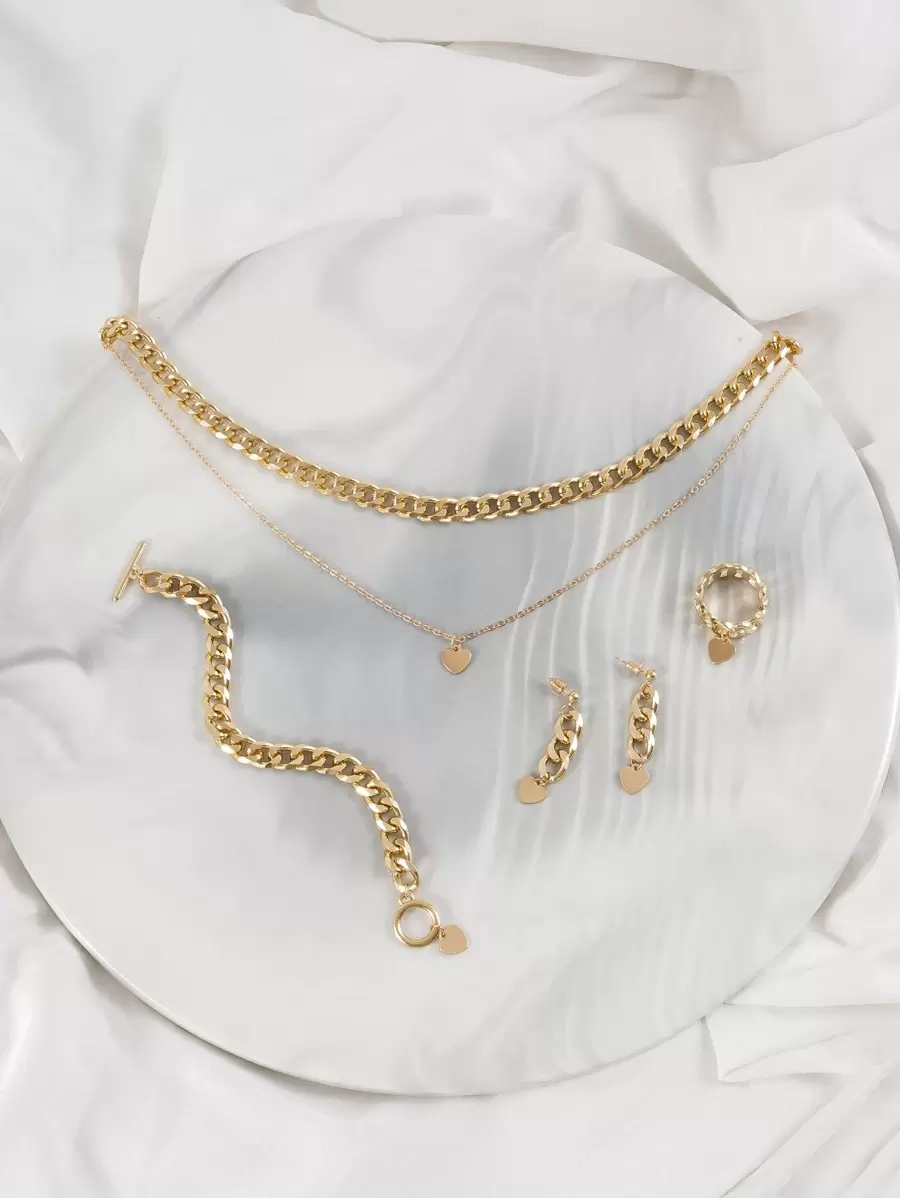 Valentinstag Herz-Anhänger Halskette & Armband & Ohrringe & Ring - Goldgelb - Übersicht 1