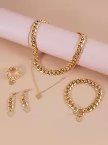 Valentinstag Herz-Anhänger Halskette & Armband & Ohrringe & Ring - Goldgelb - Übersicht 4