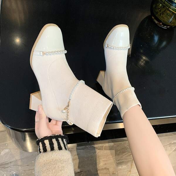 

Faux Pearl Decor Chunky Sock Boots, Beige