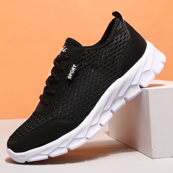 

Men Lace-up Front Mesh Running Shoes, Black