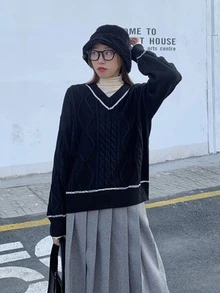 Contrast Trim Drop Shoulder Cable Knit Sweater - Black - View 1
