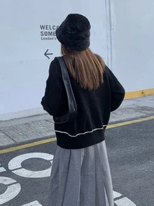 Contrast Trim Drop Shoulder Cable Knit Sweater - Black - View 2