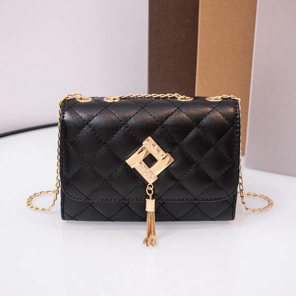 

Tassel Decor Quilted Flap Square Bag, Black