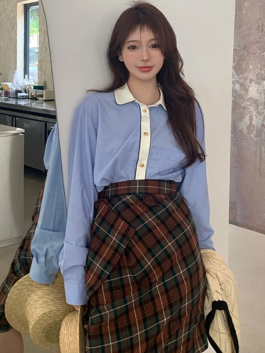 Contrast Trim Pocket Front Long Shirt - Blue - View 1