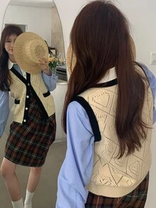 Contrast Trim Pocket Front Long Shirt - Blue - View 2