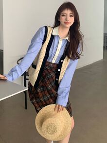 Contrast Trim Pocket Front Long Shirt - Blue - View 3