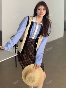 Contrast Trim Pocket Front Long Shirt