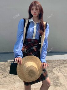 Contrast Trim Pocket Front Long Shirt