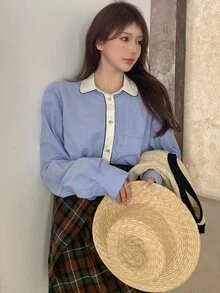 Contrast Trim Pocket Front Long Shirt - Blue - View 5