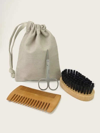 CIMACA 3pcs Beard Grooming Kit (Includes Pouch) - Beard Scissors, Beard Brush, Beard Comb, Ideal For Beard Care, Styling, Travel, Gift For Men