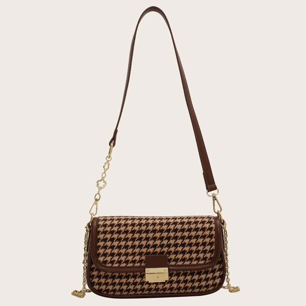 

Contrast Binding Houndstooth Pattern Chain Flap Square Bag, Multicolor