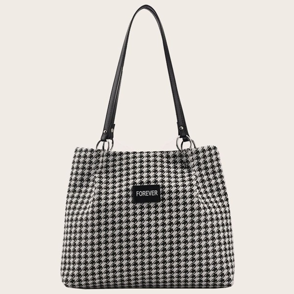 

Letter Patch Houndstooth Pattern Shoulder Tote Bag, Black and white