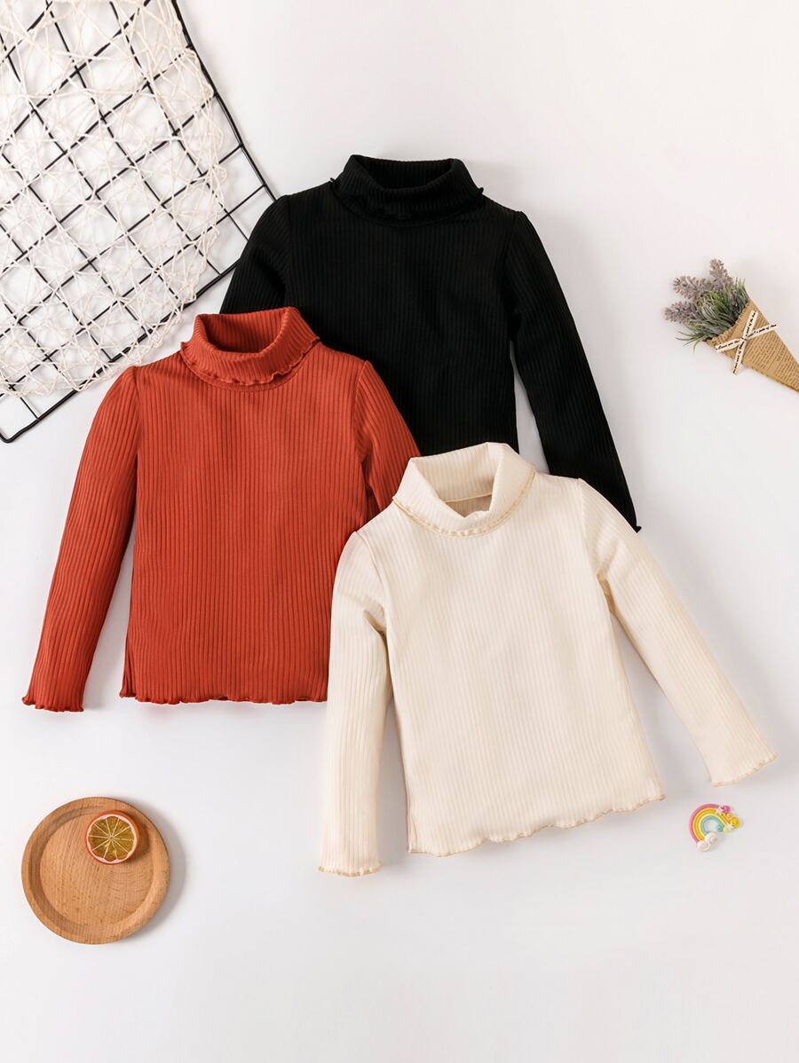 SHEIN Toddler Girls 3pcs Turtleneck Lettuce Trim Ribbed Knit Tee - Multicolor - View 1