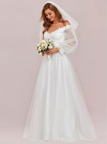 EVERPRETTY Contrast Lace Ruffle Mesh Flare Off Shoulder Wedding Dress - White - View 7