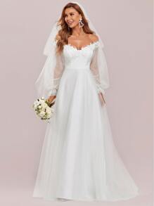 EVERPRETTY Contrast Lace Ruffle Mesh Flare Off Shoulder Wedding Dress - White - View 8