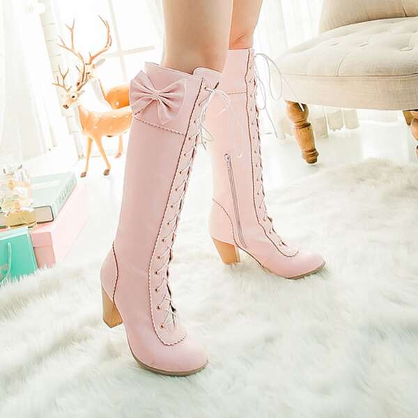 

Bow Decor Lace-up Front Side Zipper Chunky Riding Boots, Pink