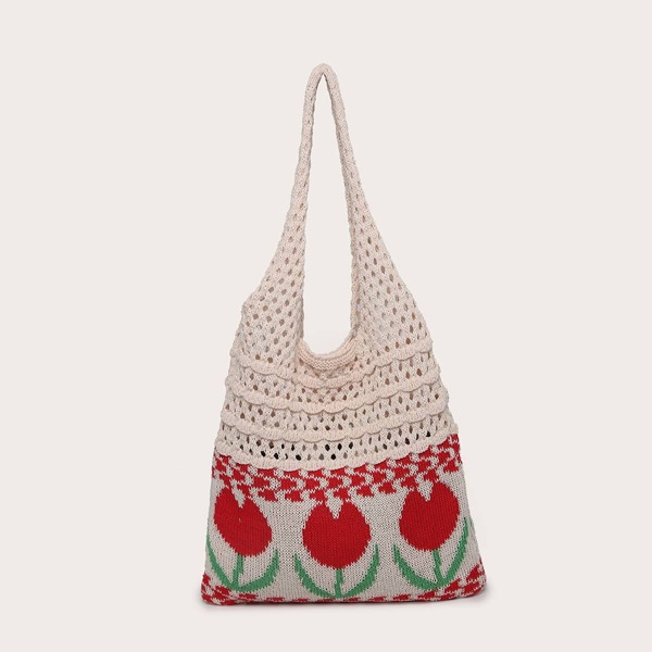 

Floral Graphic Crochet Tote Bag, Multicolor
