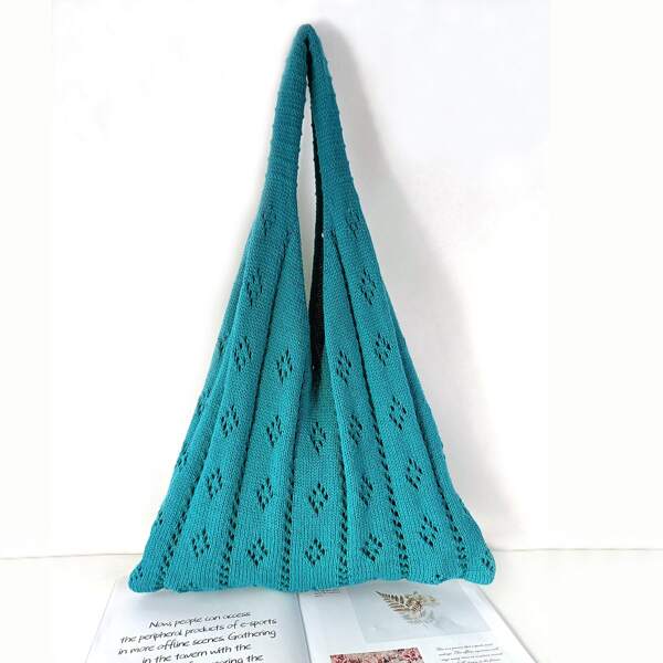 

Minimalist Hollow Out Crochet Tote Bag, Teal blue