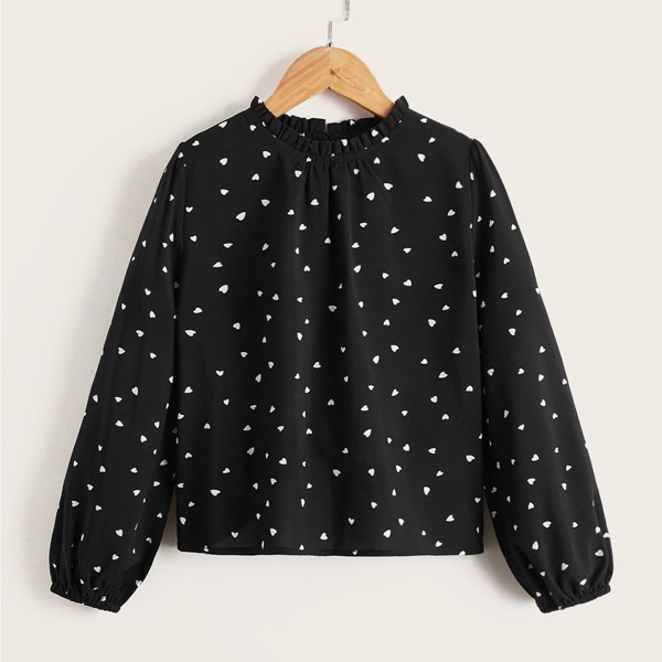

Girls Confetti Heart Print Frill Trim Blouse, Black