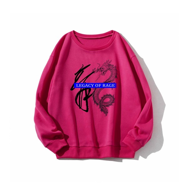 

Letter & Chinese Dragon Graphic Thermal Pullover, Hot pink