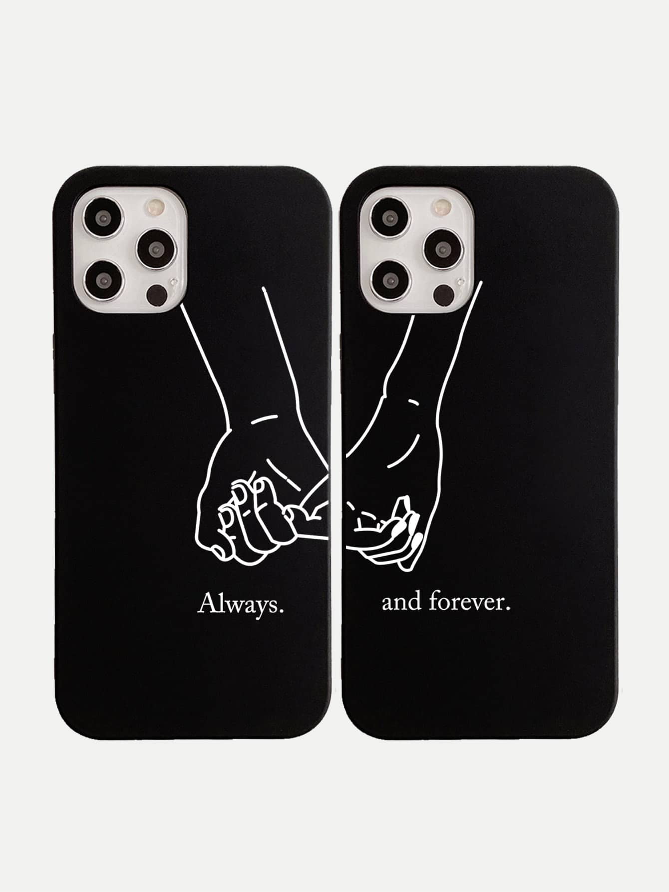 2pcs Slogan Couple Holding Hands Phone Case, Compatible With IPhone, Suitable Gift For Girlfriend, Boyfriend, Friends - Black and White - View 1