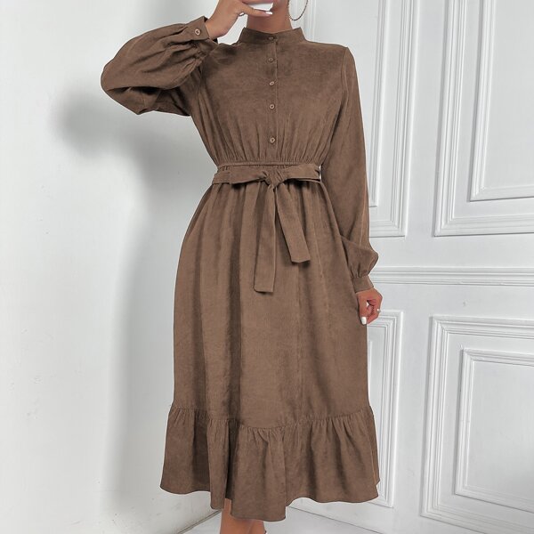 

Half Button Lantern Sleeve Belted Ruffle Hem Corduroy Dress, Coffee brown