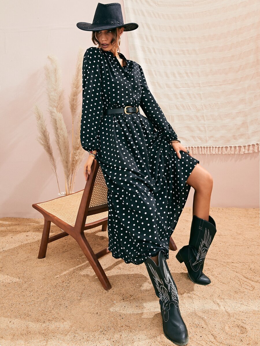 Chiquease 波尔卡圆点灯笼袖荷叶边下摆连衣裙（无腰带）长款女装