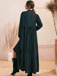 Chiquease 波尔卡圆点灯笼袖荷叶边下摆连衣裙（无腰带）长款女装
