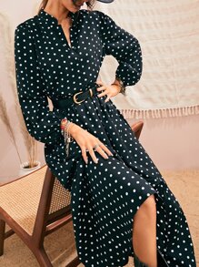 Chiquease 波尔卡圆点灯笼袖荷叶边下摆连衣裙（无腰带）长款女装