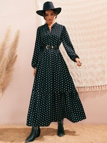 Chiquease 波尔卡圆点灯笼袖荷叶边下摆连衣裙（无腰带）长款女装