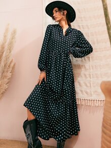 Chiquease 波尔卡圆点灯笼袖荷叶边下摆连衣裙（无腰带）长款女装