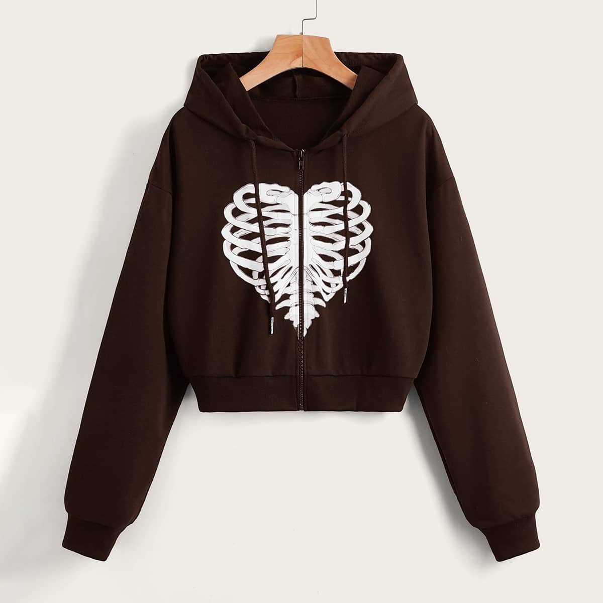 

Skeleton Graphic Zip Up Drawstring Hoodie, Chocolate brown