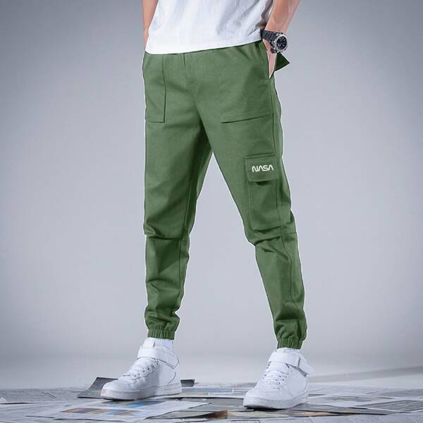 

Men Flap Pocket Letter Graphic Cargo Pants, Army green