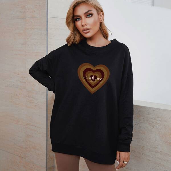 

Heart & Slogan Graphic Drop Shoulder Pullover, Black
