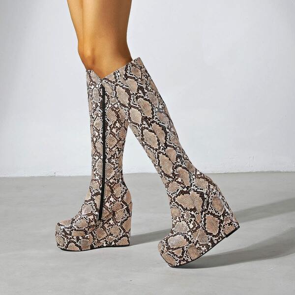 

Allover Snakeskin Wedge Knee Boots, Multicolor