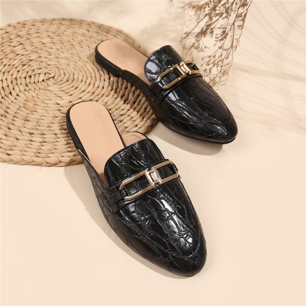 

Metallic Decor Flat Mules, Black