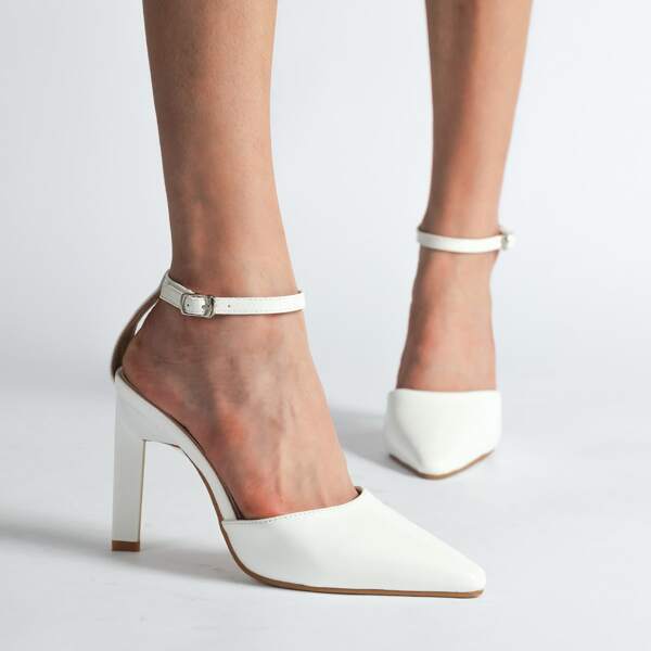 

Minimalist Point Toe Ankle Strap Pumps, White