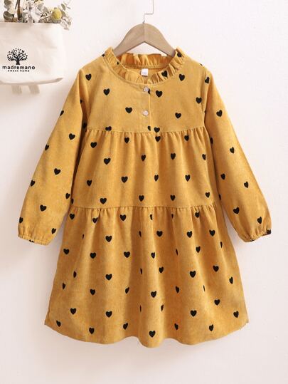 Girls Heart Print Frilled Neck Corduroy Smock Dress