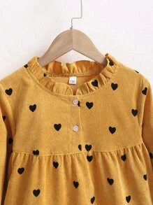 Cô gái Tween In Trái tim Xếp nếp Cái cổ Vải to sợi Váy Smock - Màu vàng - Xem 5