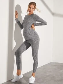 SHEIN Maternity Split Hem Top & Adjustable Elastic Waist Pants - Dark Grey - View 3