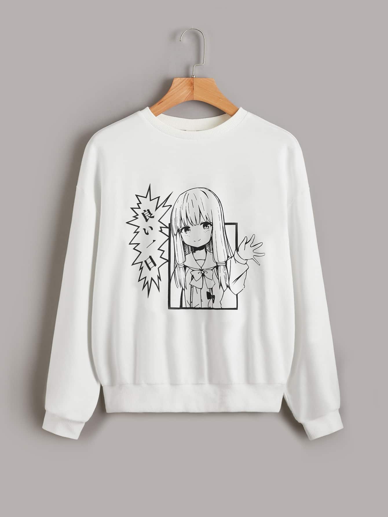 SHEIN Teen Girls Cartoon Print Drop Shoulder Sweatshirt - White - View 1