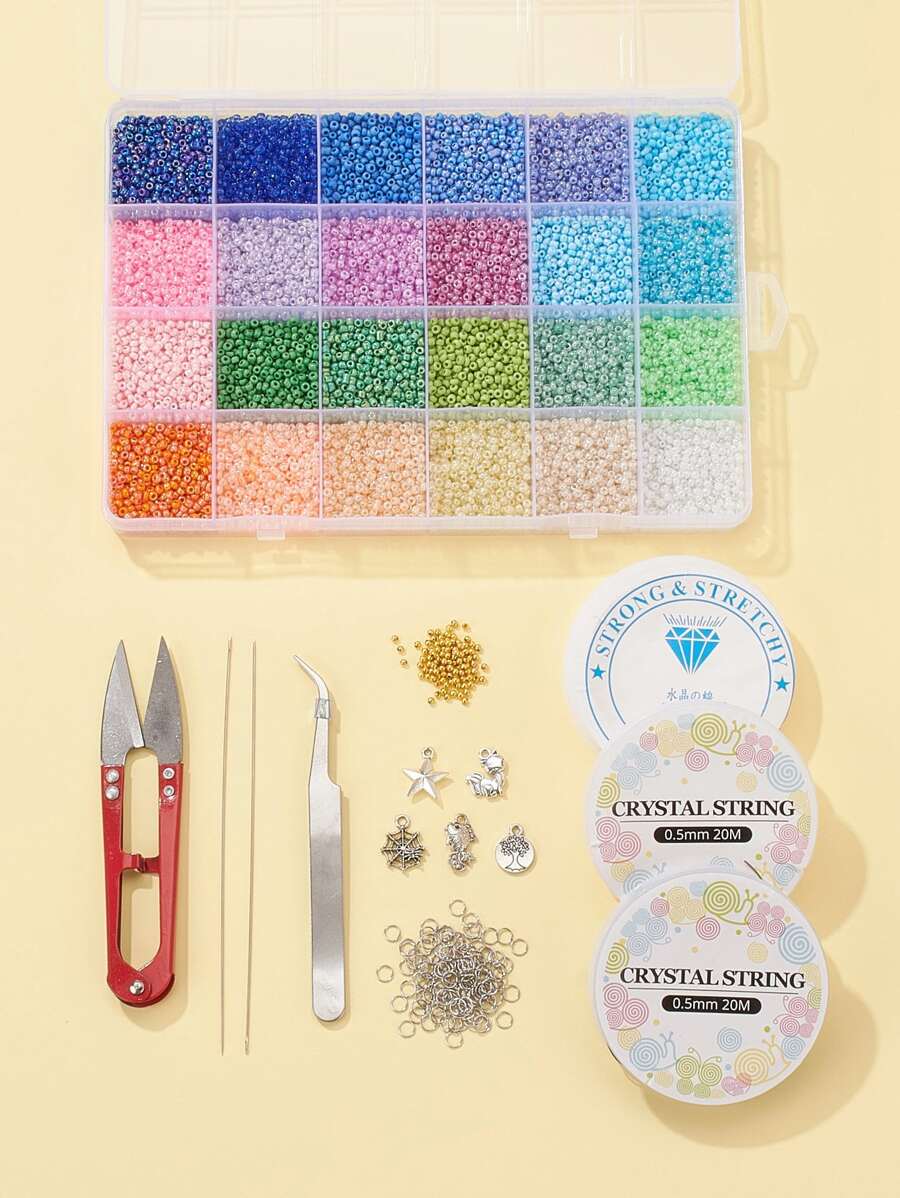 1box DIY Stretch Jewelry Making Kits include Glass Seed Beads Metal Findings Stainless Steel Scissors Elastic Crystal Thread Steel Beading Needles Mixed Color Bead DIY Jewelry Accessory Set - Multicolor - View 1