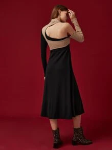 SHEIN Unity Mock Neck Cut Out 2 In 1 Dress - Black - View 2