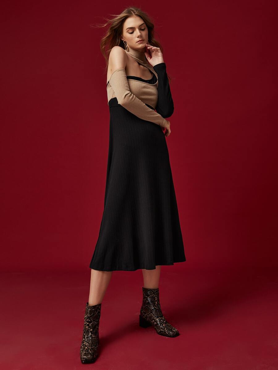 SHEIN Unity Mock Neck Cut Out 2 In 1 Dress - Black - View 1