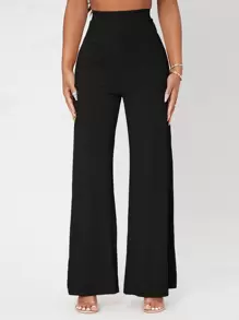 SHEIN PETITE Pantalones De Vestir De Punto De Costilla Sólida Y Pierna Ancha - Negro - Ver 1