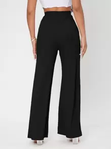 SHEIN PETITE Pantalones De Vestir De Punto De Costilla Sólida Y Pierna Ancha - Negro - Ver 2