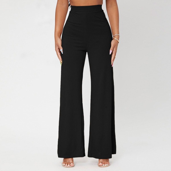 

Solid Rib-knit Wide Leg Pants, Black