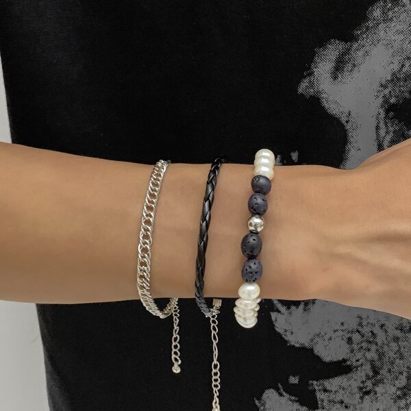 

3pcs Men Faux Pearl Decor Bracelet, Multicolor