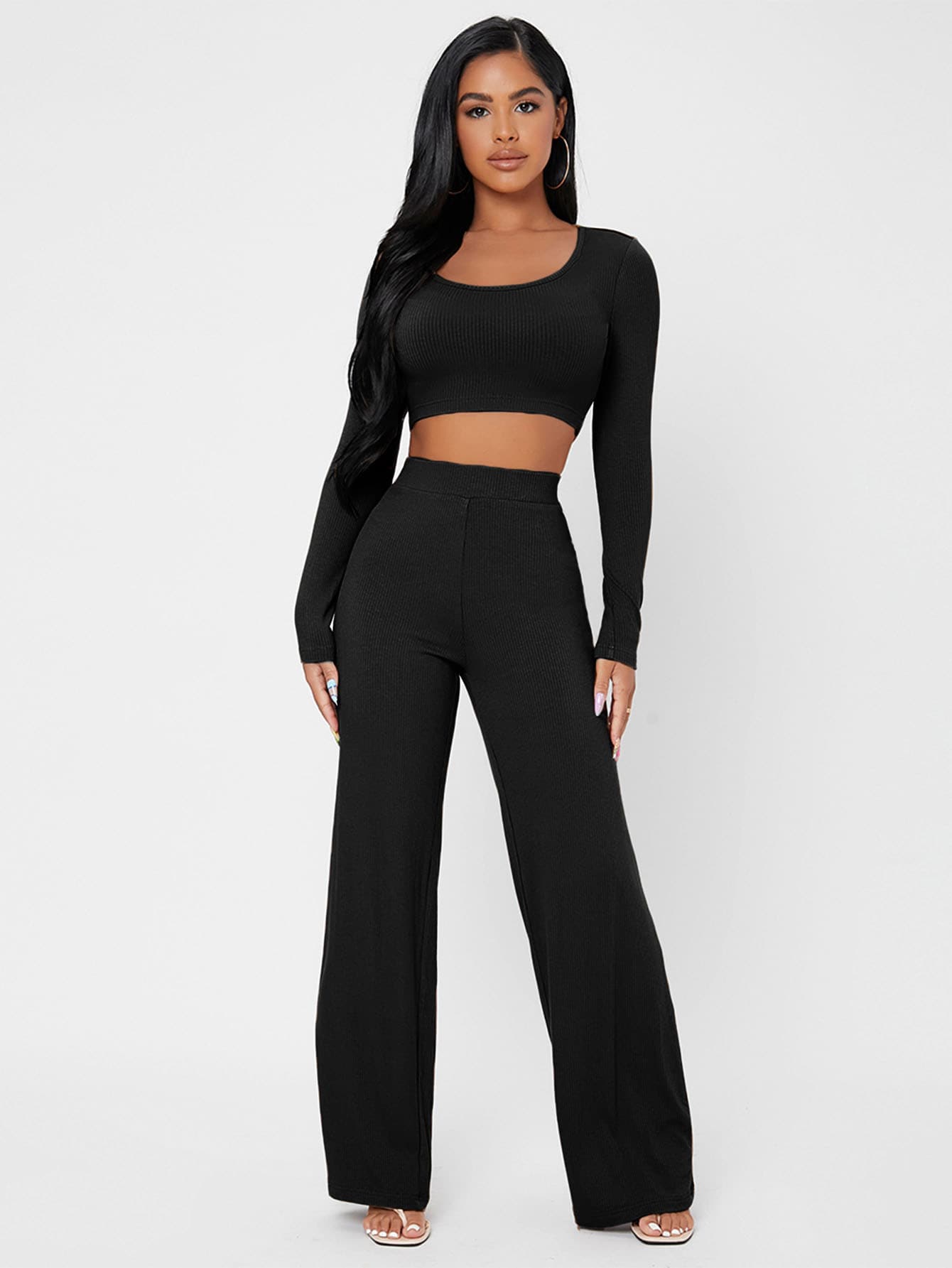 SHEIN PETITE Bộ đồ hai mảnh nữ Gân đan màu trơn Giải trí - màu đen - Xem 1