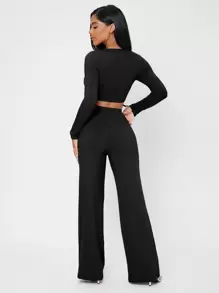 SHEIN PETITE Bộ đồ hai mảnh nữ Gân đan màu trơn Giải trí - màu đen - Xem 2